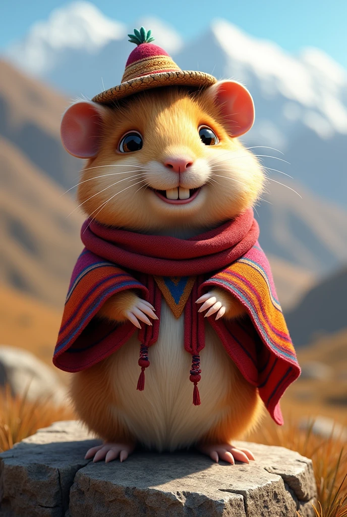 A realistic Andean guinea pig, standing on a rock, dressed in a cap or chuyo and a poncho of Andean colors, with a dazzling smile and raised hands