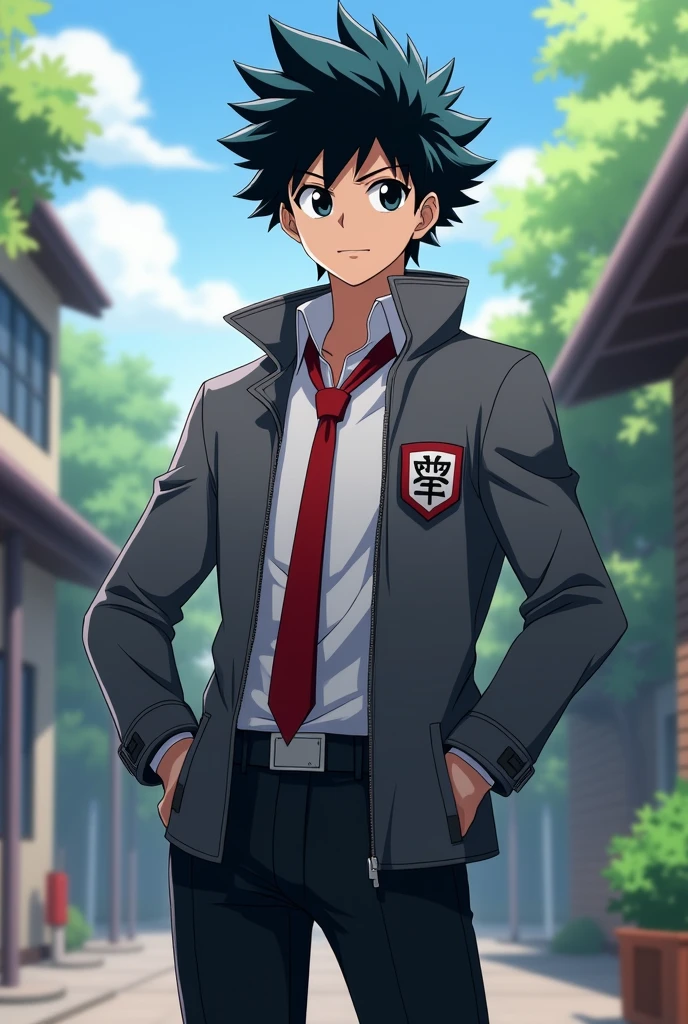 Sixteen year old boy with black hair and a navy blue lock of hair, black eyes, a good physique with the UA uniform, a gray jacket with a red tie who lives in My hero academia 