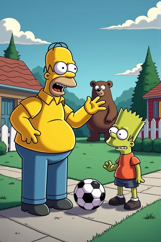 Homer Simpson calling Squidward to play soccer while a bear laughs