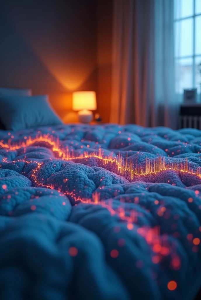 A daytrade graphic over a matress with a light at a distant background