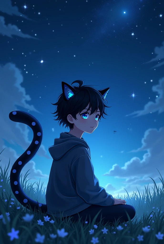 Boy between 12 and  with semi-long black hair, with black leopard ears and tail, with dark blue glowing rays on starry night meadow in anime style 