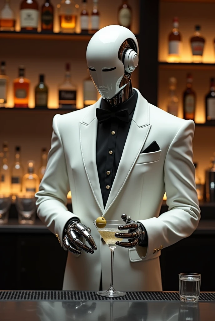 A photo of a robot bartender in a white tuxedo with a black bow tie, standing behind a bar in a Manhattan bar. The bar has a variety of wines and liquors on shelves behind the bar. The robot bartender is holding a martini glass with a dry martini and an olive. The background is dark.