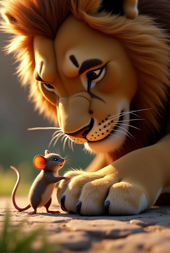 With precision, the mouse uses its tiny teeth to pull out the thorn, and the lion’s expression changes from pain to relief.