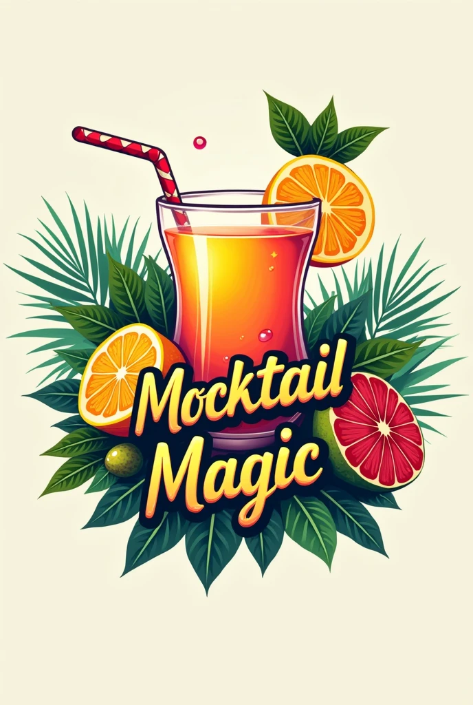 Create a logo for a company called "Mocktail Magic", a fictional company that specializes in mocktails, that uses the company name creatively, WITH FRUITS, no mascot, with a tropical style font, iconic
