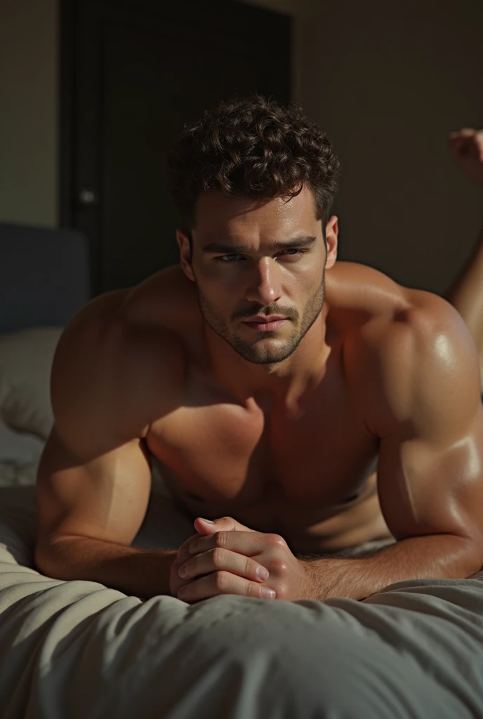 (photorealism:1.2)beautiful man , naked , huge dick , Lying , bedroom short curly hair , Muscular, passive lustful expression,showing butt , enormous ass ,on all fours,He's asking to be penetrated