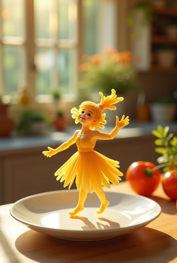 Back A whimsical miniature figure composed of delicately arranged pasta, placed in a carefree dance on the edge of a plate, shiny white plate, placed on a table, vibrant kitchen backdrop, where dazzling sunlight filtered through the canopy above, casting intricate shadows. The overall aesthetic is ethereal, with warm, earthy tones of sienna, umber, infused with hints of emerald and golden light, evoking a sense of wonder and enchantment, as if plucked from a fantasy realm.