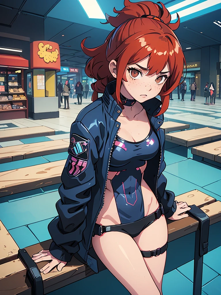 (masterpiece), (best quality), ((one girl)),alone, red hair,((brown eyes)),curly hair, anime style, freckles, (mall breast, (petite figure), blue and black cyberpunk jacket, legs, ((desert background)) 
