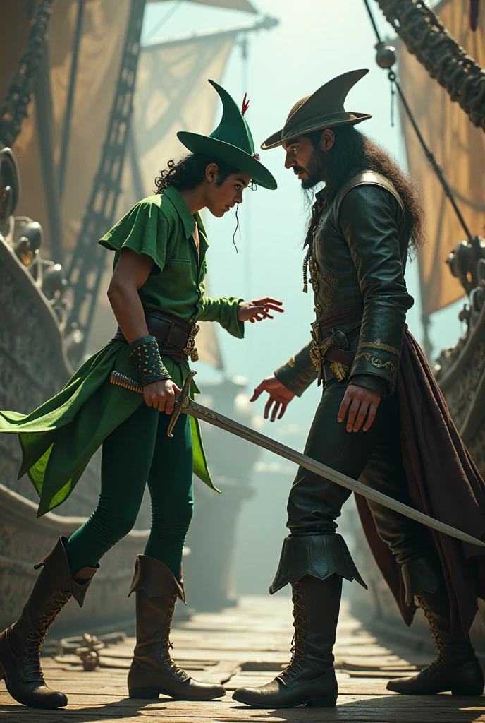 Michael Jackson dressed as Peter Pan, fighting Captain Hook