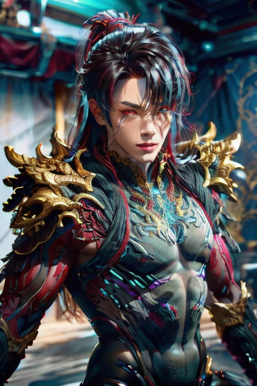 (Best Quality, 8K, Masterpiece, HDR, Soft Lighting, Picture Perfect, Realistic, Vivid), Male Humanoid Dragon (1.0),9 halo ring at back,circle shape ring at back super detailed,1 Guy, (((male))),light red lips, Perfect Face, Super Detailed Photo of a Magnificent Humanoid Dragon man with long black obsidian hair,red crimson eyes,red crimson eyes,eyes detailed,super ultra detailed eyes,reality eyes look((no noice)),Beautiful anime fantasy, background blur, anime fantasy, Gouves style work, realistic: 1.37, long black obsidian hair, full lips, (((Curvy guy))), (Ultra high quality fantasy art) , Masterpiece , male model, ultra high quality male character designs, detailed 8k anime art, realistic anime art, highest quality wallpapers, intricate ultra high quality accurate male characters faces, red golden engraving runes lines on forehead((read about shape of runes and golden line shape of runes)),forehead detailed,high quality design and accurate physics (fantasy - ultra high quality) art) , dark  fantasy style), masterpieces, super high-quality characters, anime resolution - 8K, realistic anime art, wallpapers with the highest quality illustrations, ultra-high detail of faces, high-quality design and accurate physics), color, depth of field, shadows, ray tracing, high quality execution. -high quality and 8K resolution, (Accurate simulation of the  of light and materials)], [High-quality hair detail [Read more about beautiful and shiny black obsidian hair]], (Beautifully detailed hands [perfect fingers [Perfect nails]]], (perfect anatomy ( perfect proportions)))) [[Full height]], [Perfect combination of colors (Accurate imitation of the interactionnd material)], [art that conveys the meaning of the story](modified)
