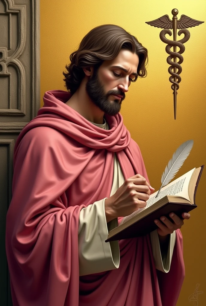apostle saint matthew, with pinkish red cloak, with your book and a "Feather pen", and in the background a golden wall with a caduceus symbol painted on the side.