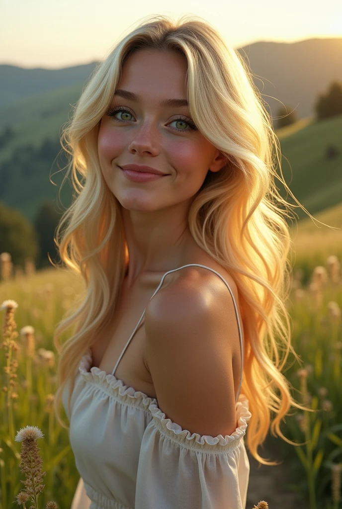 A sensual girl in the countryside, with green eyes, blonde hair and unique smile 