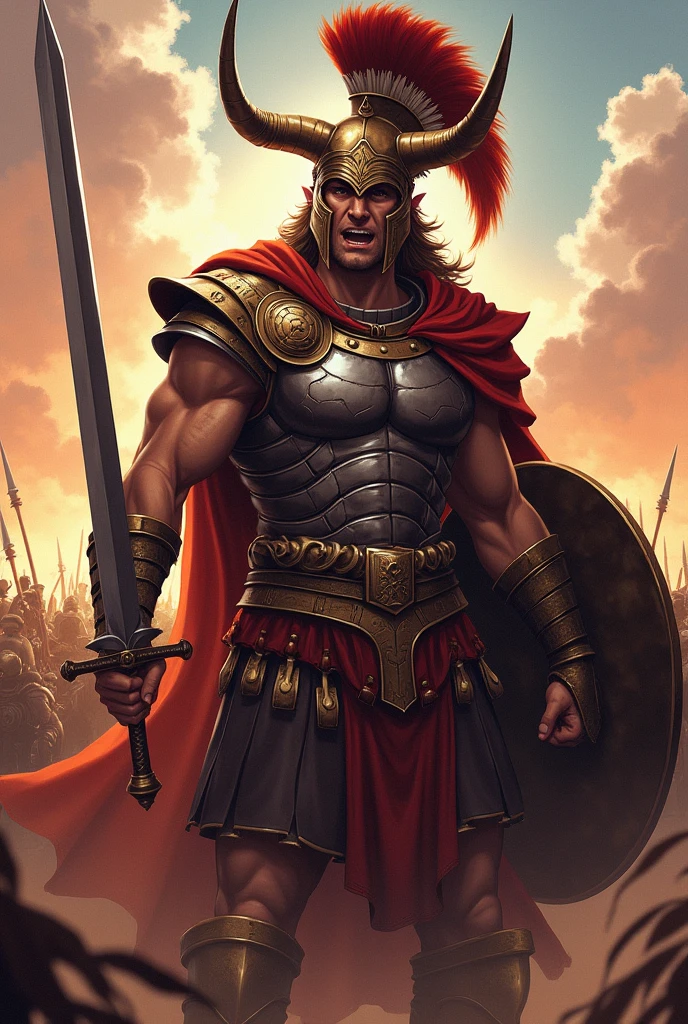 Agamemnon from Greek mythology, leading the army to the Trojan War, ((anime styling)), detailed mycenaean armor, maximum quality, wearing a horned Mycenaean helmet, using a sword and shield, pointed sword forward, making a war cry.
