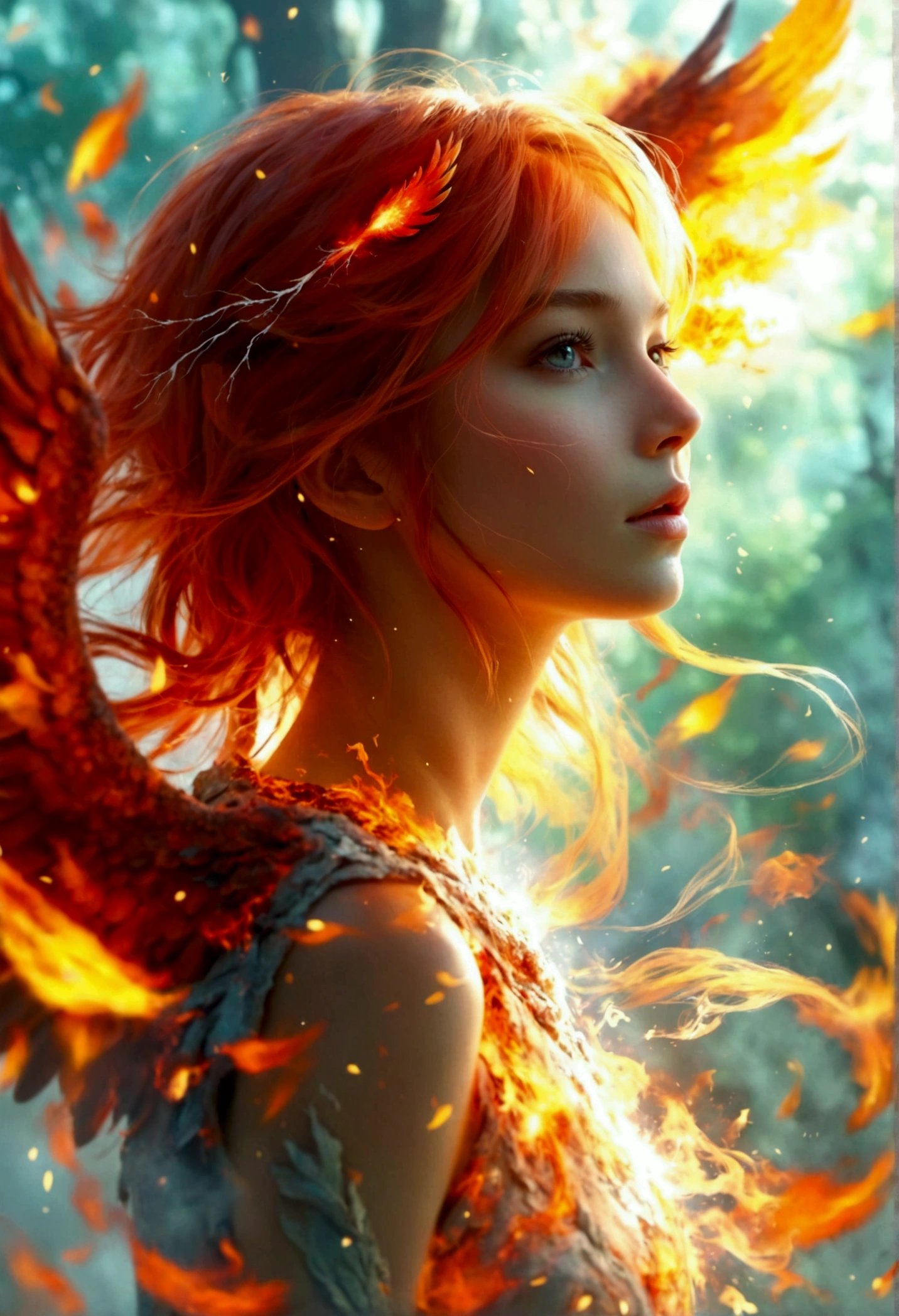 create image of Phoenix as a girl raise from ashes, best quality and masterpiece