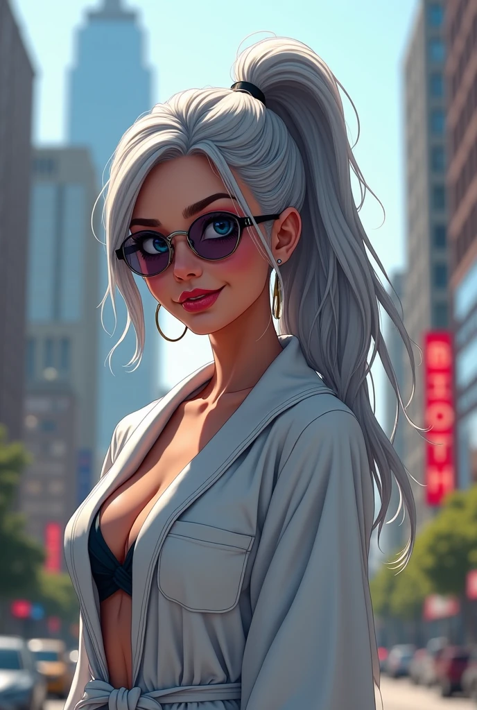A beautiful youthful looking Hispanic version of Ariana Grande as a 50 years old woman with long her completely gray hair in a ponytail styles as the superhero Daisy Johnson from Agents of S.H.I.E.L.D with blue eyes wearing sunglass wearing a bathrobe in a city downtown with many skyscraper nearby she is smiling for the camera