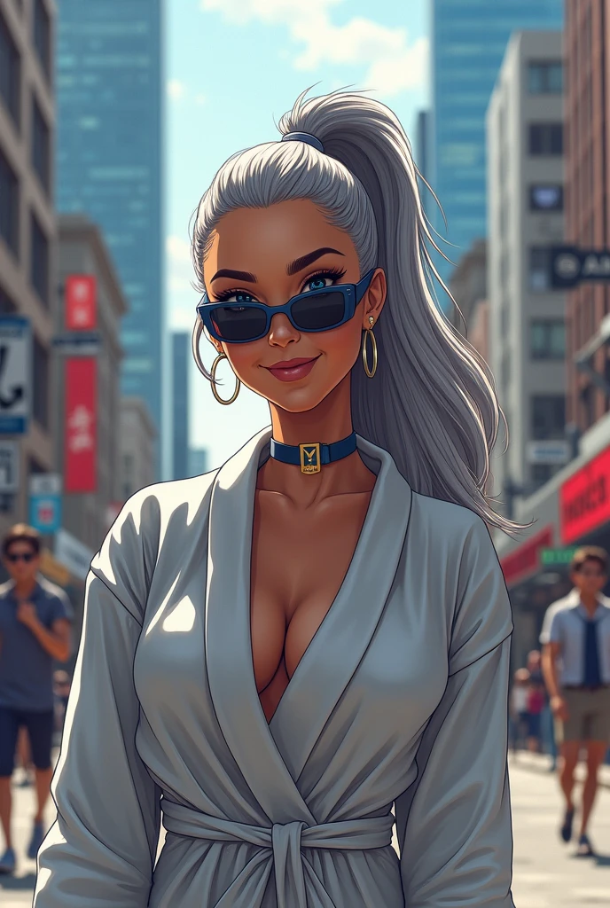 A beautiful youthful looking Hispanic version of Ariana Grande as a 50 years old woman with long her completely gray hair in a ponytail styles as the superhero Daisy son from Agents of S.H.I.E.L.D with blue eyes wearing sunglass wearing a bathrobe in a city downtown with many skyscraper nearby she is smiling for the camera