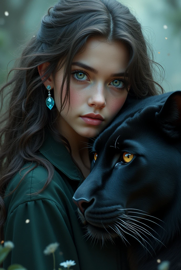 A girl with wavy chocolate-colored hair and green eyes with blue Gem stone earrings protecting a black panther with brown eyes 