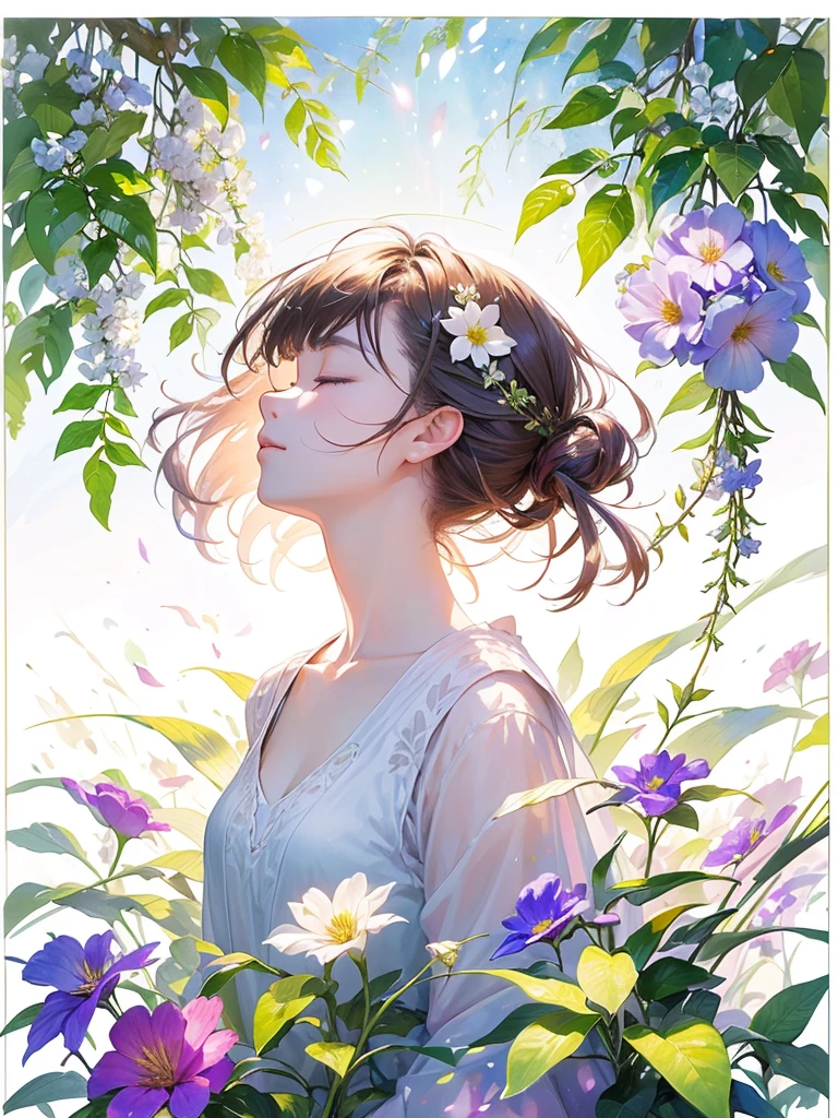 (masterpiece、Highest quality、Highest quality、Beautiful and beautiful:1.2)、Excellent anatomy、(Watercolor painting 1.5)、Long Shot、straight short hair images、Trendy Hair Color, Beautiful Face、Beautiful profile, Bow down and be quiet, I close my eyes and pray, Fairy, 蝶のFairyのコスチューム、Pure white、Pure、charm, Colorful flowers of different colors, Flower and leaf wind、Botanical Art,