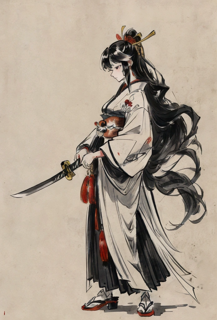 
Character Design　Character Reference Sheet　Concept Character　black and white manga style　Taisho Romance　action　Japanese sword　man　Women　samurai　delicate　full body