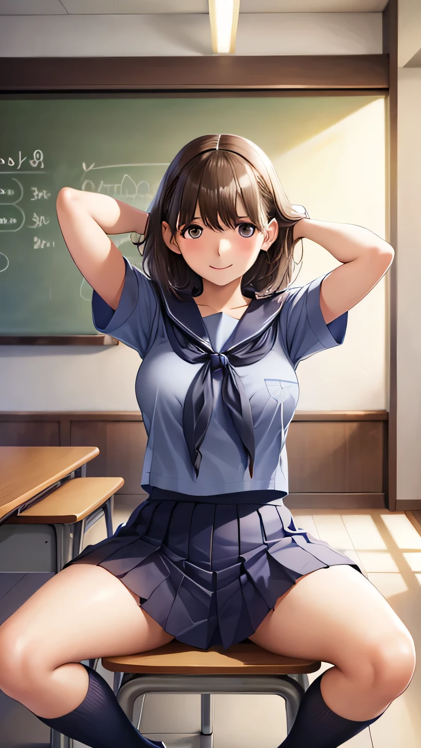 best quality ,masterpiece ,a girl,solo,(summer serafuku),school uniform,smile,shy,full body,(dark blue school socks),(spread legs),large breasts,hands behind head,arms behind head,(wearing loafer),sitting on the school chair,in high school classroom