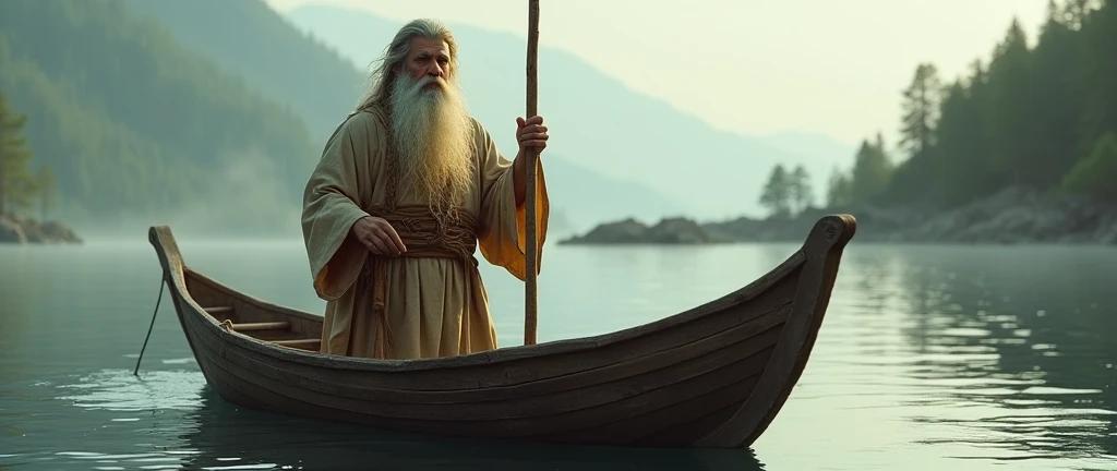 prophet man with a very big beard, and with a staff in his hand in a boat
