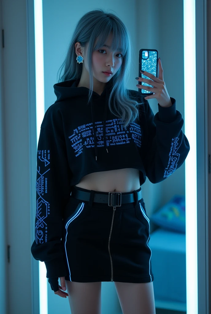 highly detailed, beautiful, hyper Realistic girl, masterpiece, best quality, Depict a mysterious and sophisticated beautiful Japanese gravure model,, 28-years-old, identity hidden, all body shot, / gray arranged hair, small head, Detailed face, cute and Pretty slim face, wide Duck mouth, perfect beautiful Tooth, arranged gray hair, shiny eyes, blue-colored eyes, Realistic skin, Detailed face, / Top: A black cropped hoodie in soft, high-quality sweat material, featuring luminescent blue circuitry patterns that add a cyberpunk edge. The hoodie has a relaxed fit with a high collar and zippered front for a sleek, modern look.

Bottom: A knee-length, fitted skirt made from matching sweat material, adorned with subtle metallic accents and a holographic side stripe. The skirt balances comfort with a stylish, futuristic aesthetic.

Footwear: Sleek black ankle boots with neon blue soles, combining sweat material with synthetic overlays for a blend of comfort and a cutting-edge appearance.

Accessories: Simple and futuristic, the outfit features a plain, functional sweat material belt, and LED-enhanced gloves. To complete the look, add holographic earrings and a visor-style headpiece with a transparent, glowing display, emphasizing the cyberpunk theme without referencing traditional police elements. //// simple white single room, gray frame mirror, complicated background /// takes a selfie in her room using a smartphone in front of a mirror with one hand, standing and sexy Posing, all body below shot, looking away from the camera,