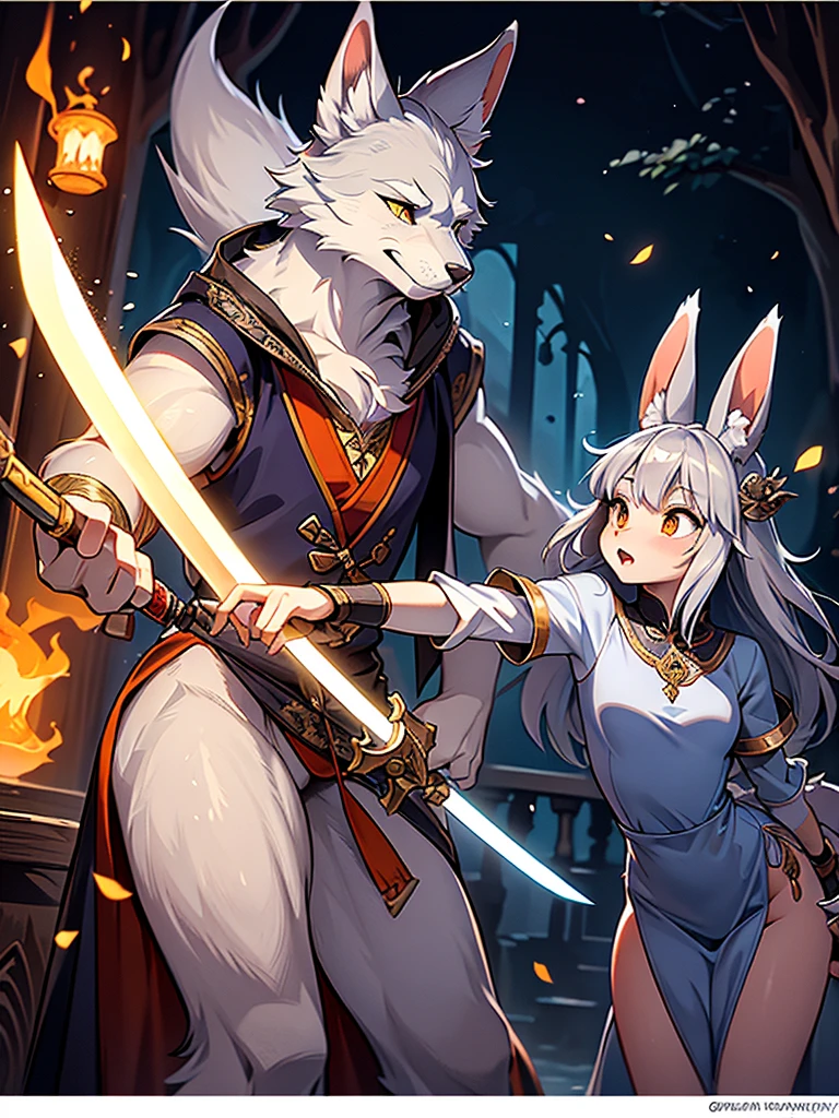 (Mucha style:0.8) , furry , Adventure fantasy, (the magician old silver wolf) , (with the droopy-eared swordsman orange rabbit girl) , The Swordsman supports the Magician while he is casting a spell.