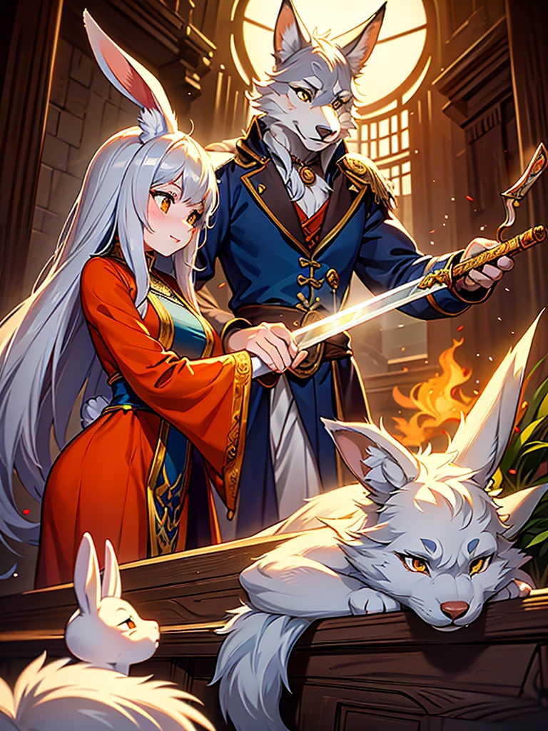 (Mucha style:0.8) , furry , Adventure fantasy, (the magician old silver wolf) , (with the droopy-eared swordsman orange rabbit girl) , The Swordsman supports the Magician while he is casting a spell.