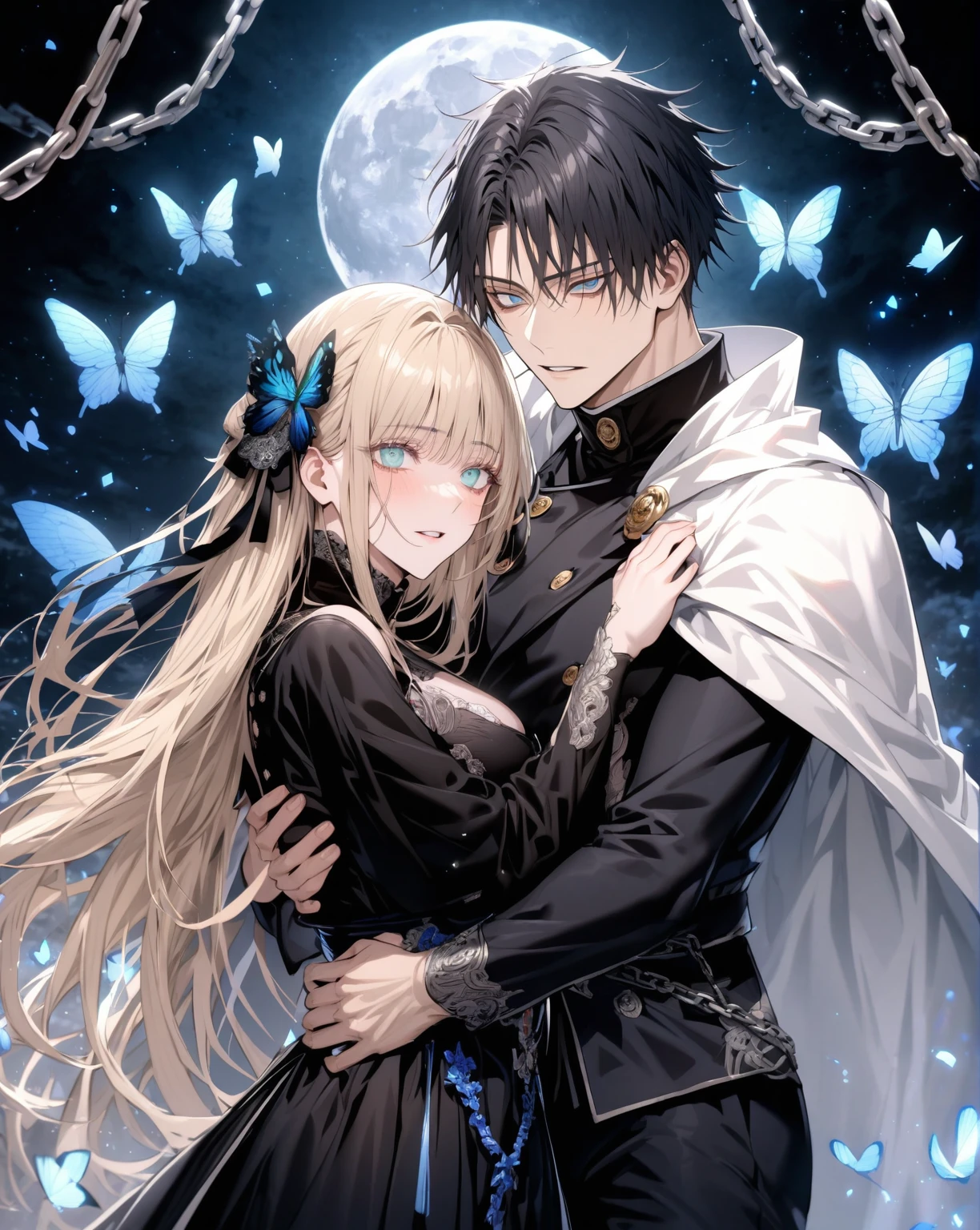 Ultra detailed, Highres, absurdres, HDR, master piece, Okkotsu Yuta, black hair, expressive dark blue eyes, Aida, ash blonde hair, expressive green eyes, Jujutsu Kaisen, a sexy handsome man together with a beautiful woman, couple, , blue full moon, glittering, blue starry sky, black fantasy clothes, chains, accessories, blue butterflies, white cape, black ribbon