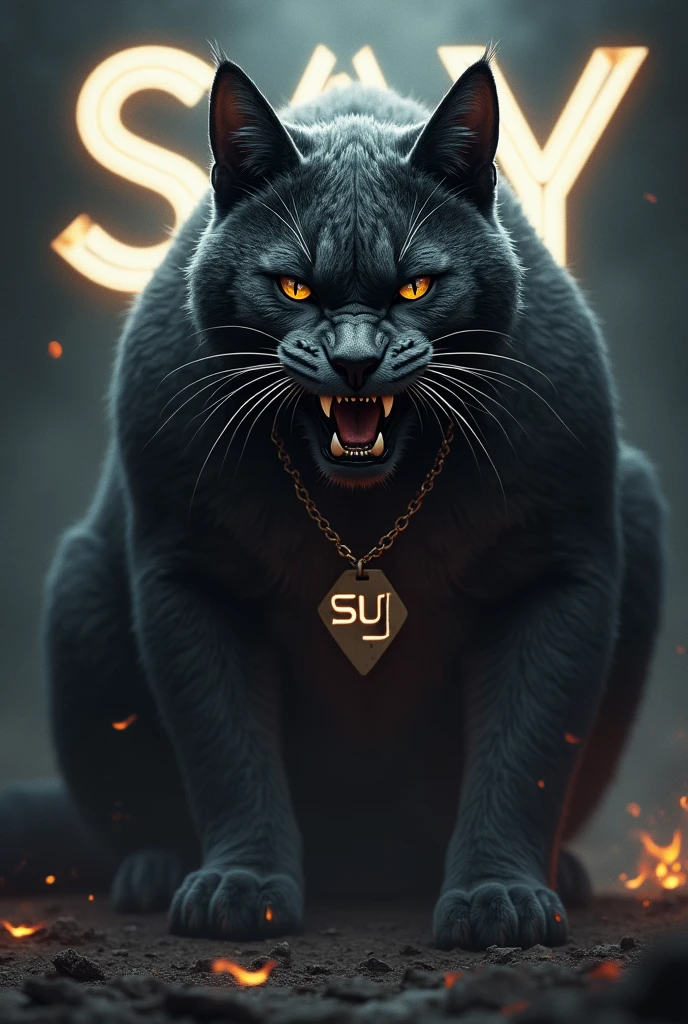 Draw a scene with a big bad cat, with a necklace that says SY and aggressive diamond letters