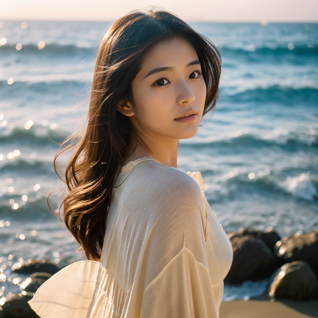 A hyper-realistic image of a single Japanese woman in her early 20s, captured with the intensified warmth and pronounced graininess of a classic film camera. She is standing by the seaside, with the soft, golden light of the setting sun casting a warm, almost tangible glow on her skin. Her skin has a natural, slightly rough texture that is highly realistic, showcasing visible pores, fine lines, and subtle imperfections like small blemishes, all of which contribute to the authenticity of her appearance. The film camera effect is more pronounced, with a noticeable grain that adds depth and a tactile quality to the image, making it feel almost as if you could reach out and touch the scene. The gentle breeze tousles her straight, glossy black hair as it frames her face, while her deep brown eyes, full of emotion, reflect the ambient light of the ocean. The background features the calm waves and a sandy shoreline, rendered with the soft focus and rich grain of the film effect, which enhances the nostalgic atmosphere of the scene. She is dressed in a light, flowing outfit that moves gently with the breeze, perfectly complementing the serene coastal setting. The overall composition is designed to evoke a deep sense of timeless beauty, with the enhanced film-like qualities and realistic skin texture capturing the imperfect, yet utterly lifelike, beauty of the moment.