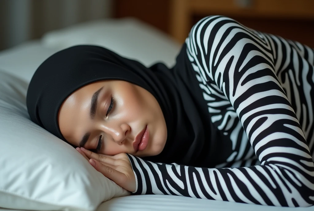 The beautiful,thin,most pretty and clever Asian muslimah woman with beautiful cheeks wears plains zebra print lycra footed turtleneck unitard catsuit covered with stripes and plains zebra print lycra elastane stretchy dancewear hood hijab covered with stripes.She is sleeping on the mattress