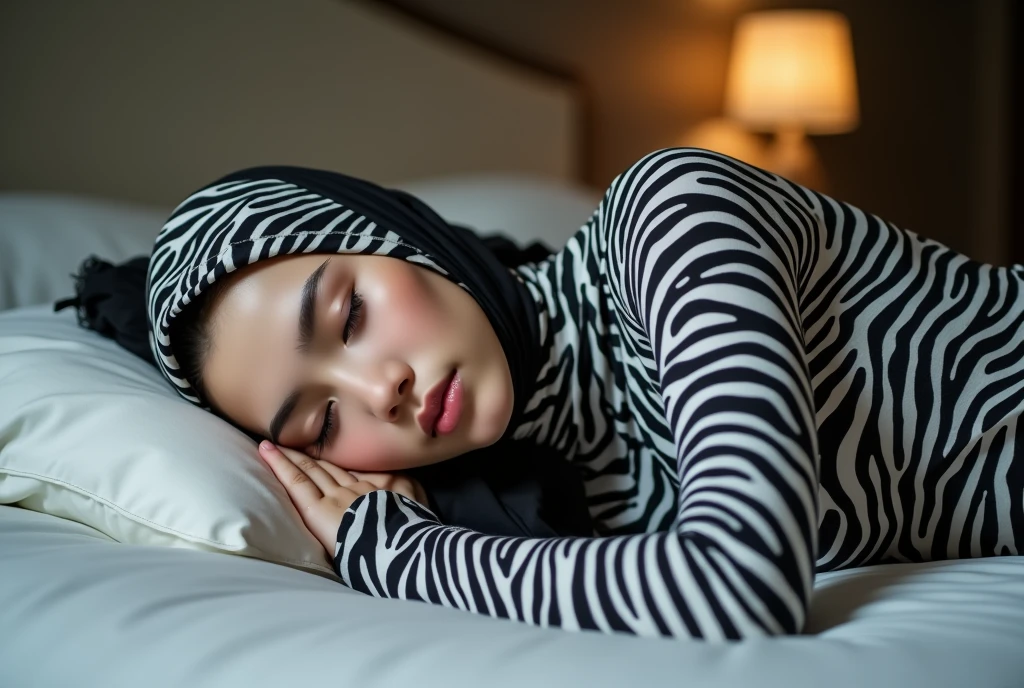 The beautiful,thin,most pretty and clever Asian muslimah woman with beautiful cheeks wears plains zebra print lycra footed turtleneck unitard catsuit covered with stripes and plains zebra print lycra elastane stretchy dancewear hood hijab covered with stripes.She is sleeping on the mattress