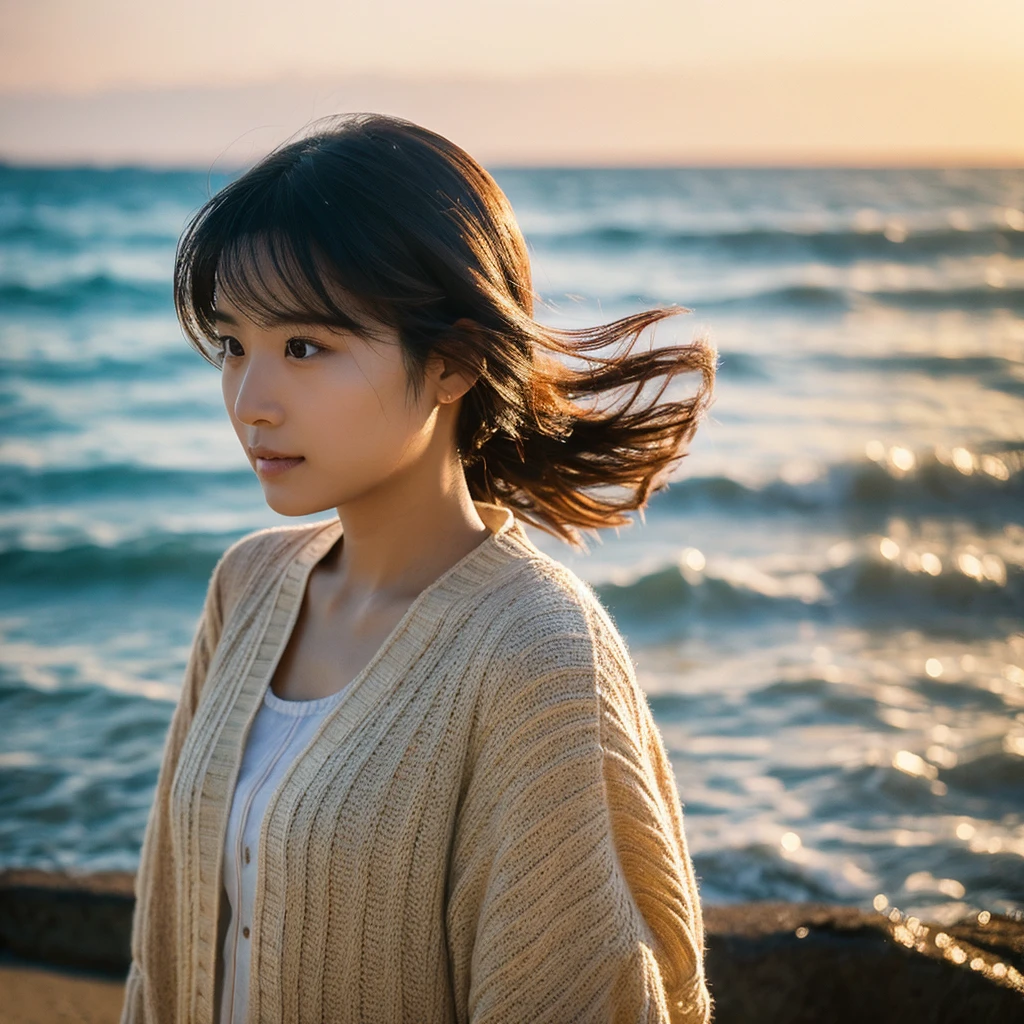 A hyper-realistic image of a single Japanese woman in her early 20s, captured with the intensified warmth and pronounced graininess of a classic film camera. She is standing by the seaside, with the soft, golden light of the setting sun casting a warm, almost tangible glow on her skin. Her skin has a natural, slightly rough texture that is highly realistic, showcasing visible pores, fine lines, and subtle imperfections like small blemishes, all of which contribute to the authenticity of her appearance. The film camera effect is more pronounced, with a noticeable grain that adds depth and a tactile quality to the image, making it feel almost as if you could reach out and touch the scene. The gentle breeze tousles her straight, glossy black hair as it frames her face, while her deep brown eyes, full of emotion, reflect the ambient light of the ocean. The background features the calm waves and a sandy shoreline, rendered with the soft focus and rich grain of the film effect, which enhances the nostalgic atmosphere of the scene. She is dressed in a light, flowing outfit that moves gently with the breeze, perfectly complementing the serene coastal setting. The overall composition is designed to evoke a deep sense of timeless beauty, with the enhanced film-like qualities and realistic skin texture capturing the imperfect, yet utterly lifelike, beauty of the moment.