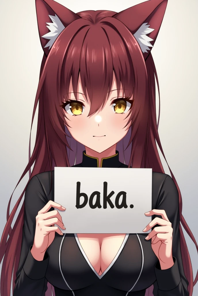 a female anime or game character with cat ears. She has long, dark, reddish brown hair, that flow down the sides of her face. Her eyes are striking and shine in a yellow-golden hue. She wears a black, tight-fitting top with a deep neckline, which is accentuated by white and black lines. The character has a calm, almost emotionless facial expression.she holds up a sign with the word Baka written on it