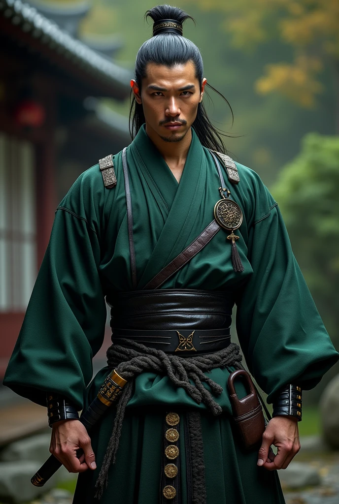 Attractive and strong Japanese man, Samurai, black and green outfits. 30 years old man.