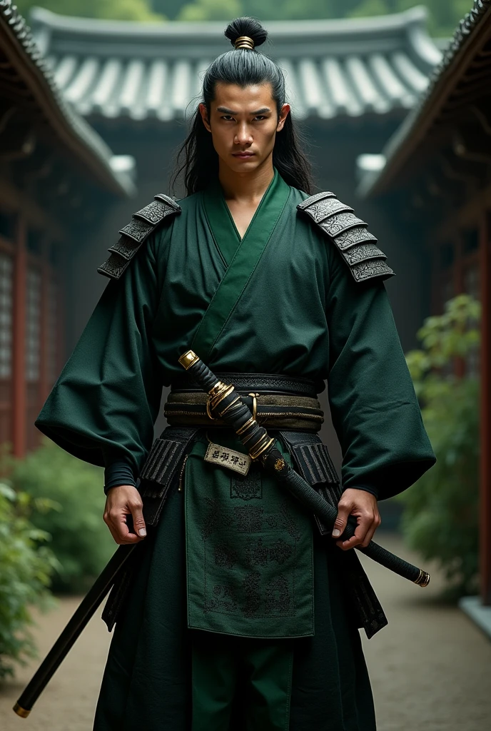 Attractive and strong Japanese man, Samurai, black and green outfits. 30 years old man.