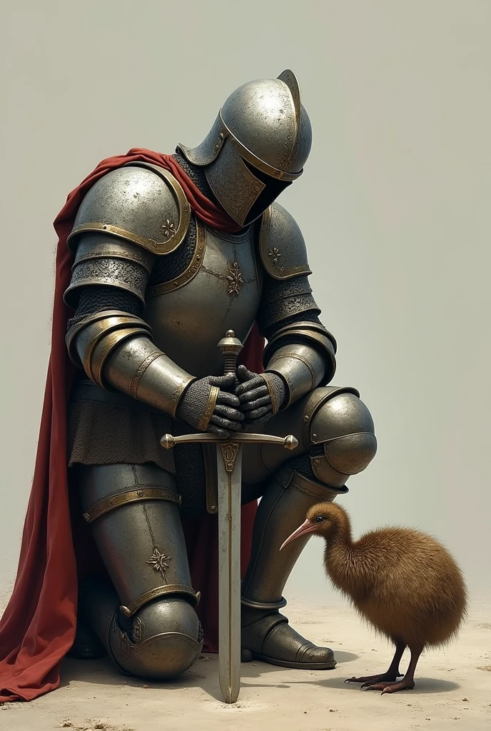 Medieval warrior with helmet covering his entire face (minute details in the armor), On knees, leaning on his sword watching a kiwi, that the warrior is in 3/4