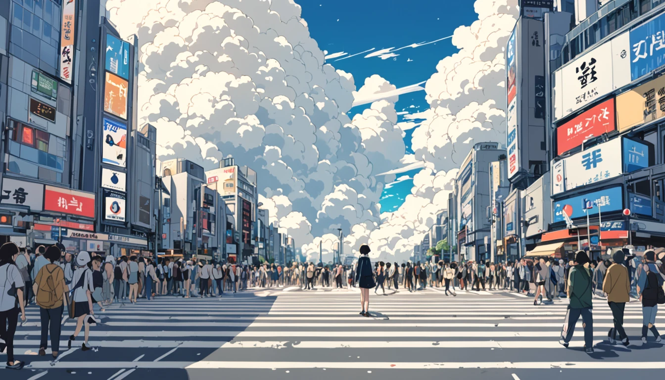 ((anime: 1.4, figure)), (masterpiece, Highest quality, Highest quality), (Very detailed, The absolute solution), ((16K, High resolution)) (Shibuya Scramble Crossing, anime Style, Cumulonimbus, blue sky, crowd), ( anime: 1.4, figure)), (masterpiece, Highest quality, Highest quality), (Very detailed, The absolute solution). and {Lofi Art, Laurie Griesley's style, Makoto Shinkai&#39;s Style, anime Aesthetic}, break {(Produces images with over 40 million pixels of information and cinematic detail。Hot with Sony&#39;s slur).}