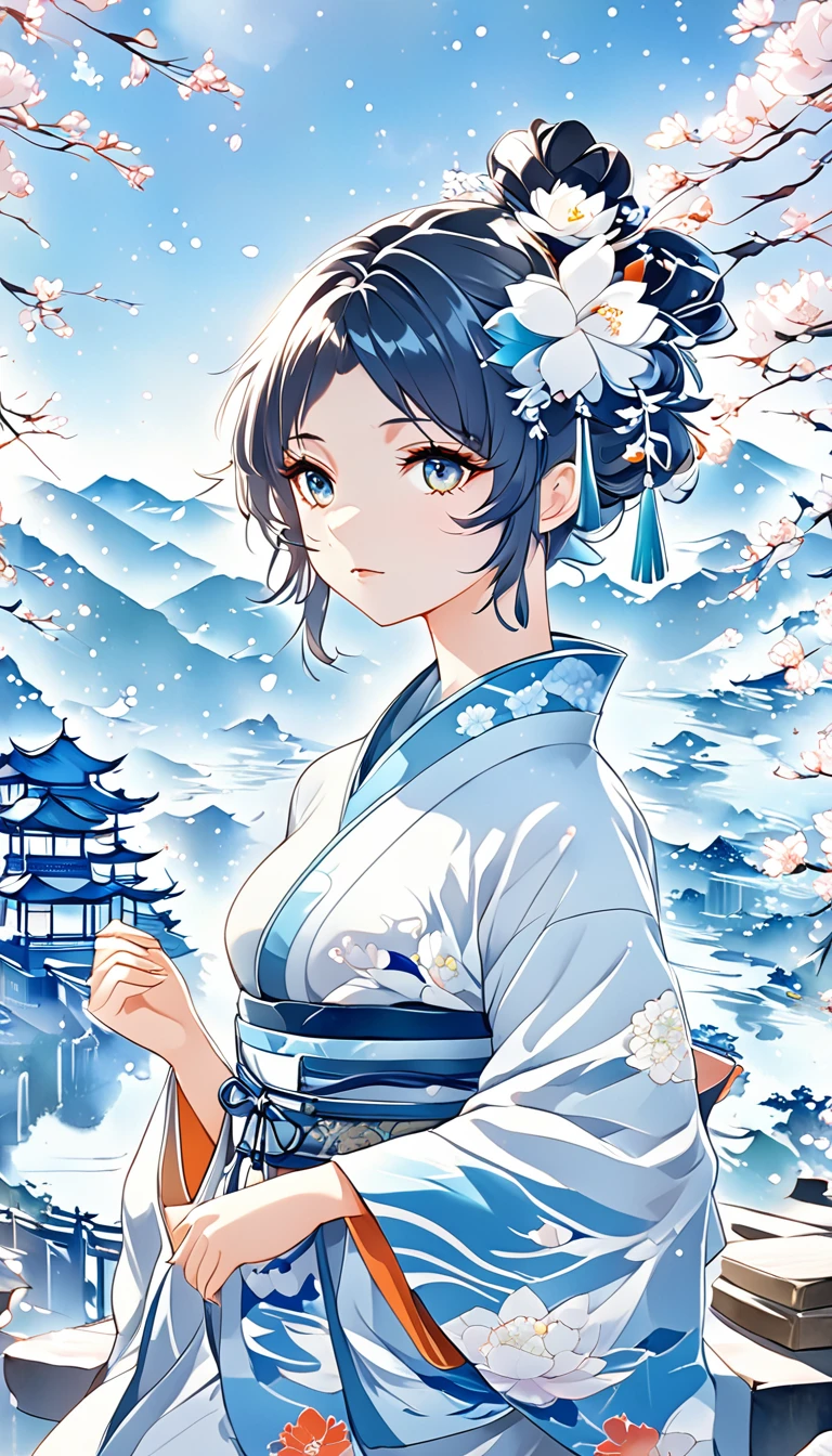 Anime girl dressed in a kimono with flowers in her hair., Guweiz, beautiful anime artwork, obra de arte al estilo de Guweiz, clean and detailed anime art, anime art wallpaper 4k, anime art wallpaper 4k, anime art wallpaper 8k, De Arknights, beautiful anime art, Guweiz