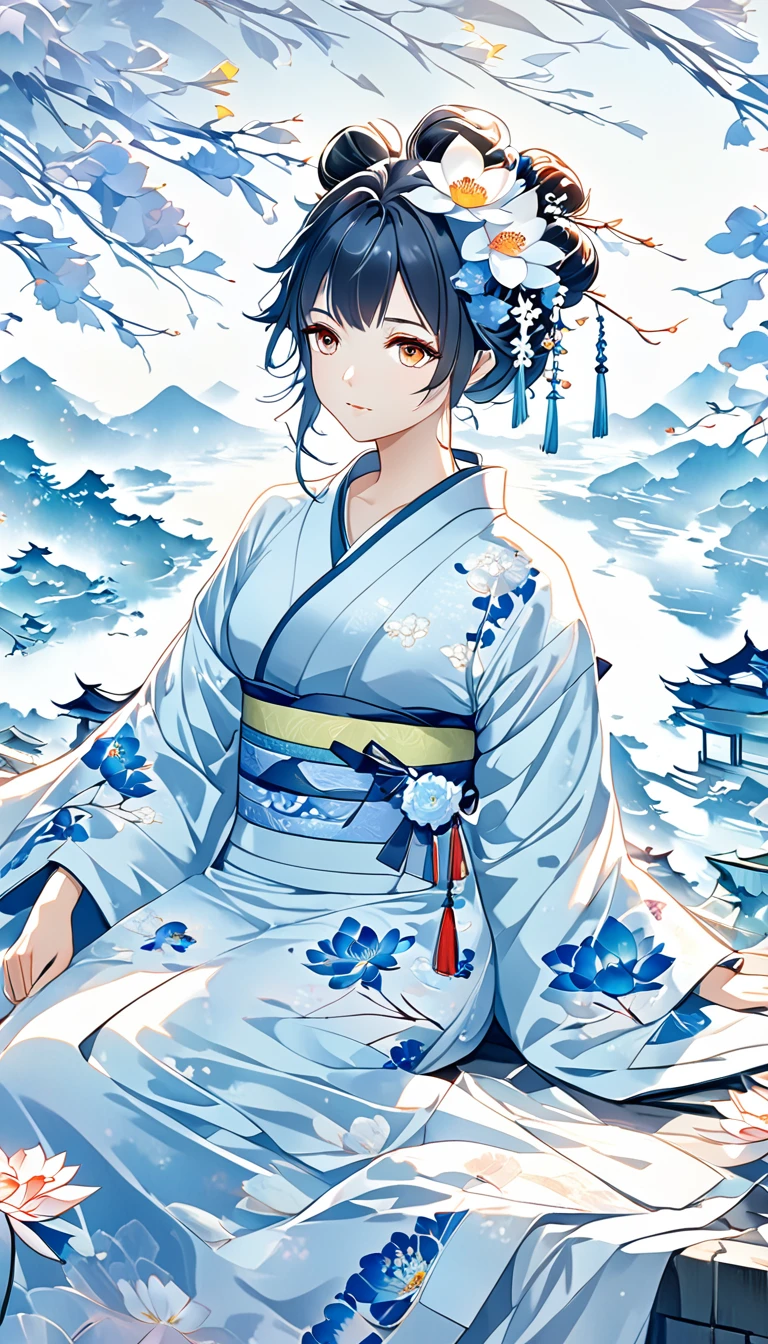 Anime girl dressed in a kimono with flowers in her hair., Guweiz, beautiful anime artwork, obra de arte al estilo de Guweiz, clean and detailed anime art, anime art wallpaper 4k, anime art wallpaper 4k, anime art wallpaper 8k, De Arknights, beautiful anime art, Guweiz