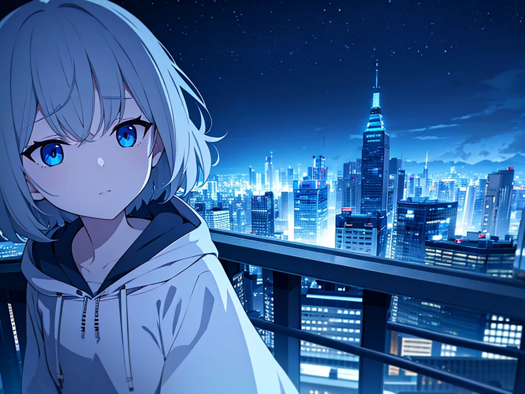 she、Grey Hair、short hair、blue eyes、Looking down、Lonely、Dark atmosphere、Deep in thought、Wearing a white hoodie、The view is hazy、There is a building in the distance、night、blue