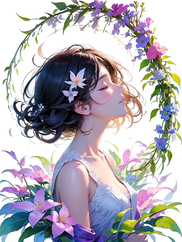 (masterpiece、Highest quality、Highest quality、Beautiful and beautiful:1.2)、Excellent anatomy、(Watercolor painting 1.5)、Long Shot、straight short hair images、Trendy Hair Color, Beautiful Face、Beautiful profile, Bow down and be quiet, I close my eyes and pray, Fairy, 蝶のFairyのコスチューム、Pure white、Pure、charm, Colorful flowers of different colors, Flower and leaf wind、Botanical Art,