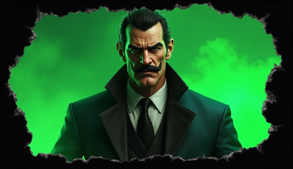 make an image of Dick Dastardly in the background a green gradient with black torn image edges Epic realism