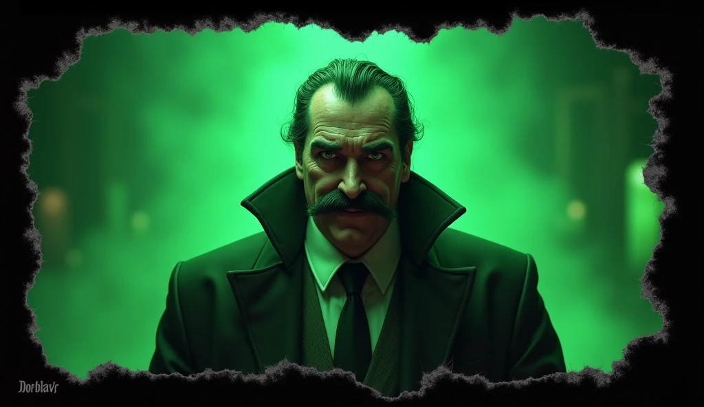 make an image of Dick Dastardly in the background a green gradient with black torn image edges Epic realism
