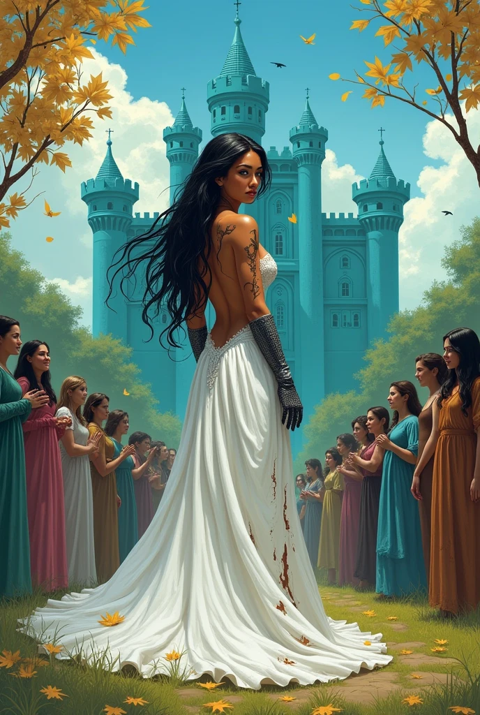 Caramel-skinned princess with long black hair and vibrant blue eyes. your hands are wearing a pair of iron gloves that cover your fingers. She is wearing a white wedding dress that is ripped and shows her back with a vertical tear.. She is looking at a turquoise palace and is scared. There are many people looking at her with disgust. There are birds in the sky and a green forest behind the palace.
Golden leaves fall from the blue sky. There are black and gold veins popping out from her bare back. From the palace window a red-haired king watches her. Realistic illustration like fairy tales.