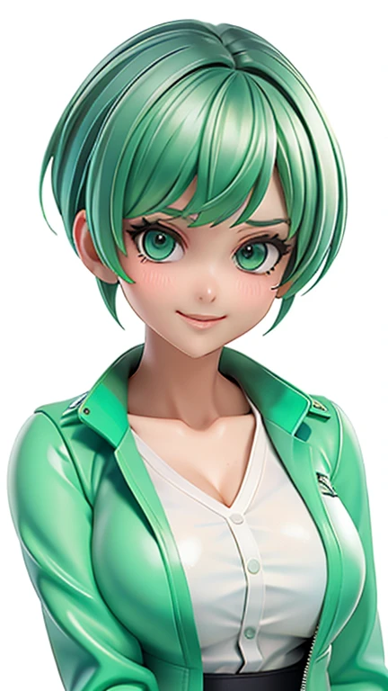 green hair,Emerald hair,short hair,short hair,bright face,upper body up,chest up,business woman,intellectual,smile,jacket,white shirt ,big bangs,beautiful bangs, laughter,drooling eyes, alone,Flow of hair that extends to the face,Big light blue eyes shine charmingly,green one piece,eyeliner,Shining white skin,