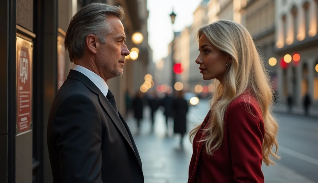 man of 40 years old, bonitas, realisitic, talking to beautiful call girl, blonde with long hair, muito bem vestida, realisitic, fotografia ultrarrealisitic, she is on the corner of a street waiting for customers