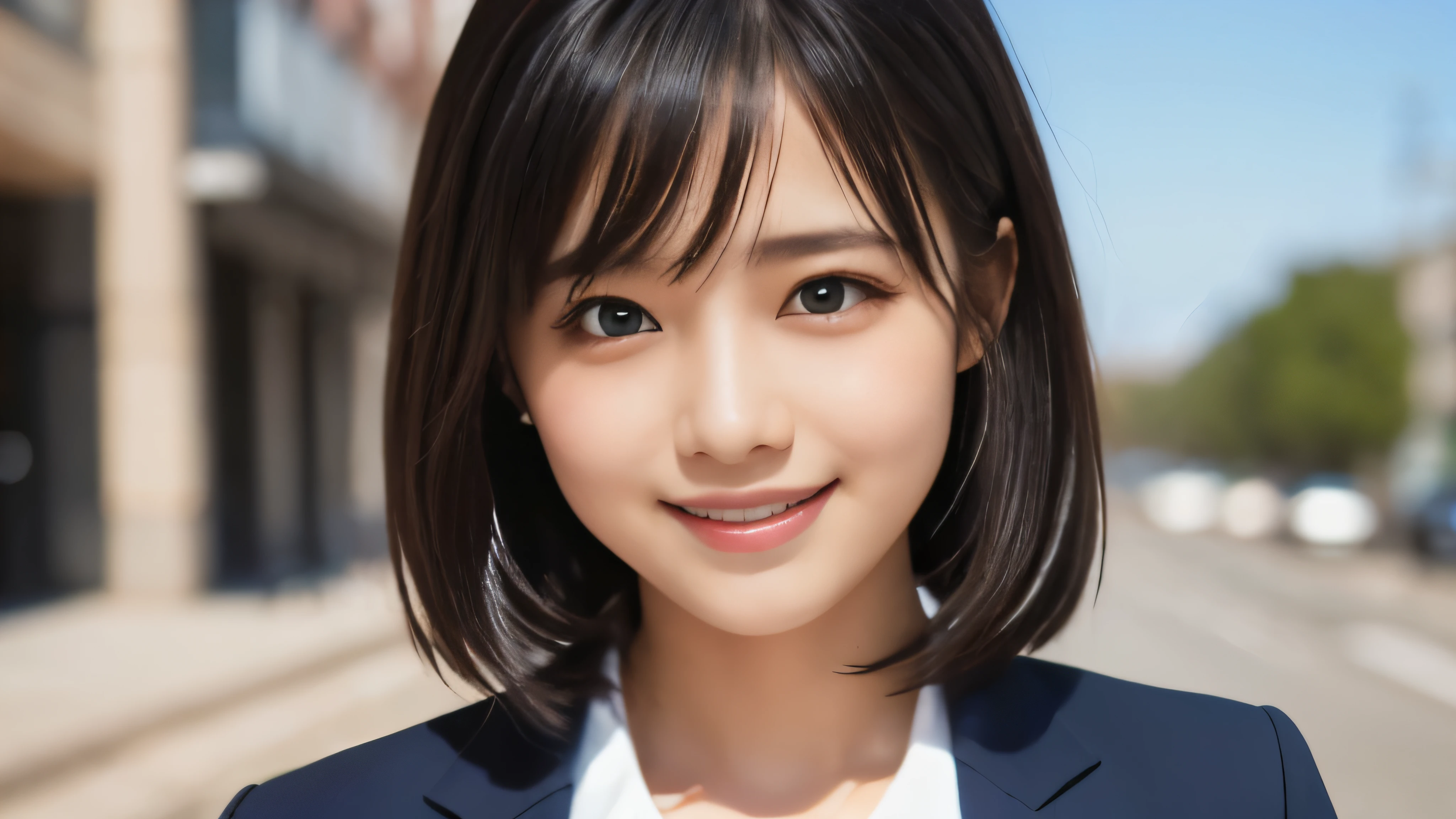 (Realistic: 1.4), (Highest quality: 1.4), (fine grain), ((Blue sky background)), ((Administrative job)), ((One Young Woman)), Black Hair, ((suit)), Big eyes, Blushed, ((smile)), Highly detailed face and skin texture, Healthy Skin, 8k resolution