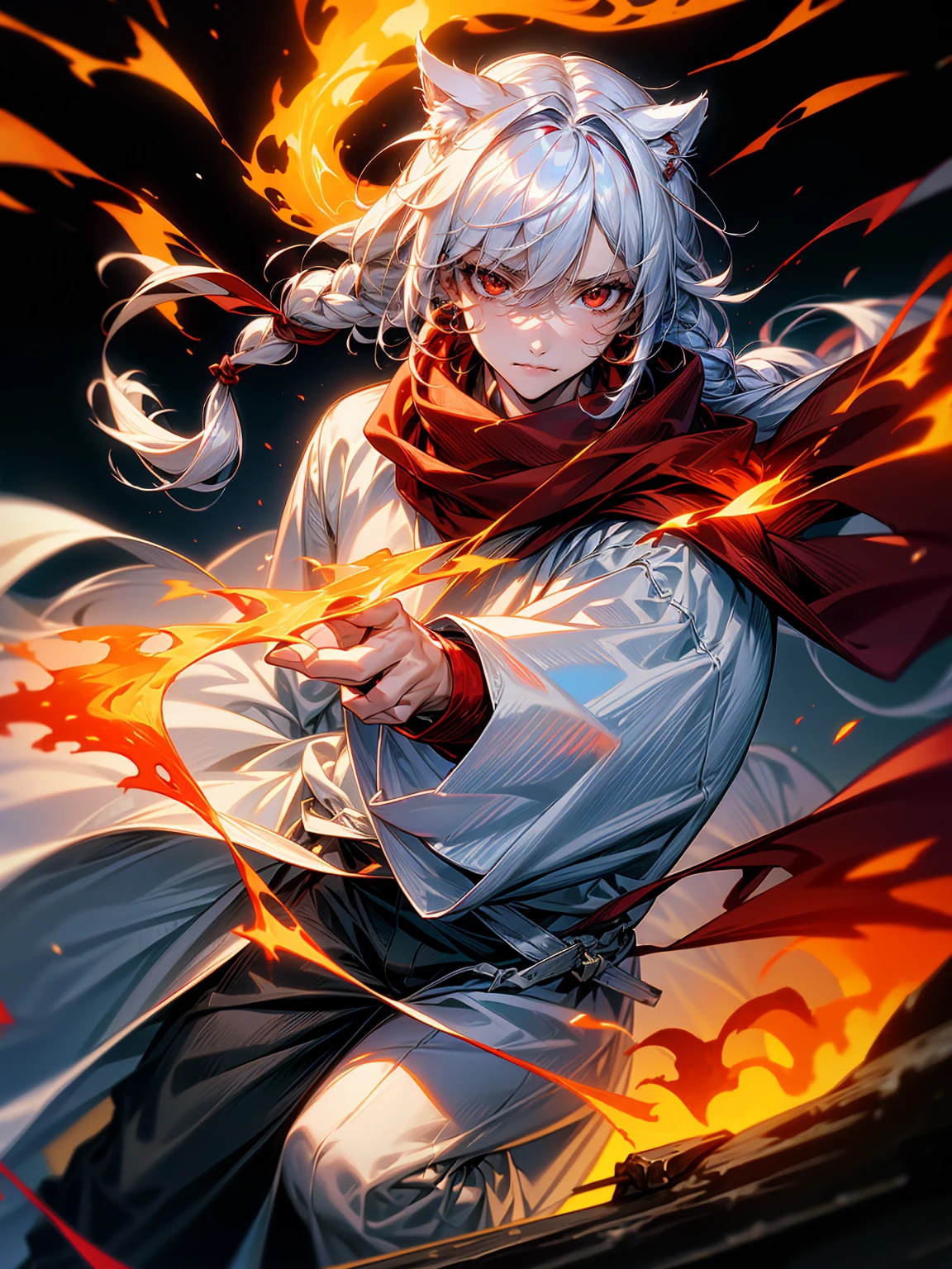 1male, Adult, Long White Hair, White Baggy Long Sleeve Shirt, Baggy Black Pants, Red Eyes, Red Scarf, Earring, Masculine, Dog Ears, Surrounded By Flames, Single Hair Braid