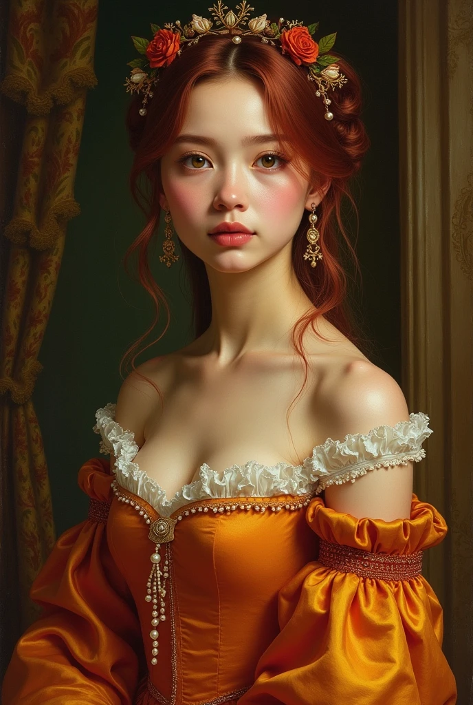 Create a Renaissance painting of how you imagine me using warm colors and a silk dress with pearls: I have droopy hazel eyes, very white skin, sharp, half-European nose, round face cheeks and thin chin with a dimple, wavy hair with a very yellowish and dark red color and a mouth with a well-defined Cupid&#39;s bow, small and a little fleshy
